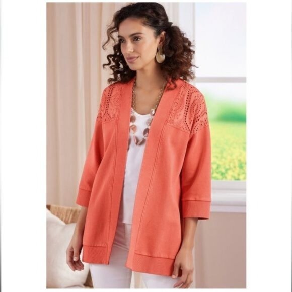 SOFT SURROUNDINGS Ellie Topper CardiganSweater Eyelet in Coral Size S - Picture 1 of 9